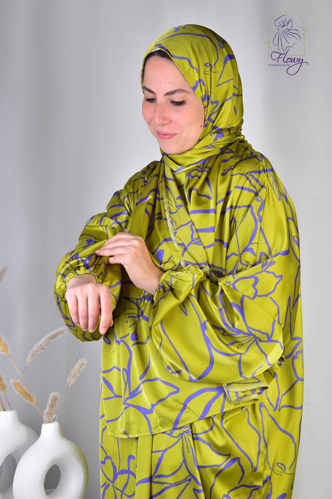 vibrant green floral silk satin esdal with bandana